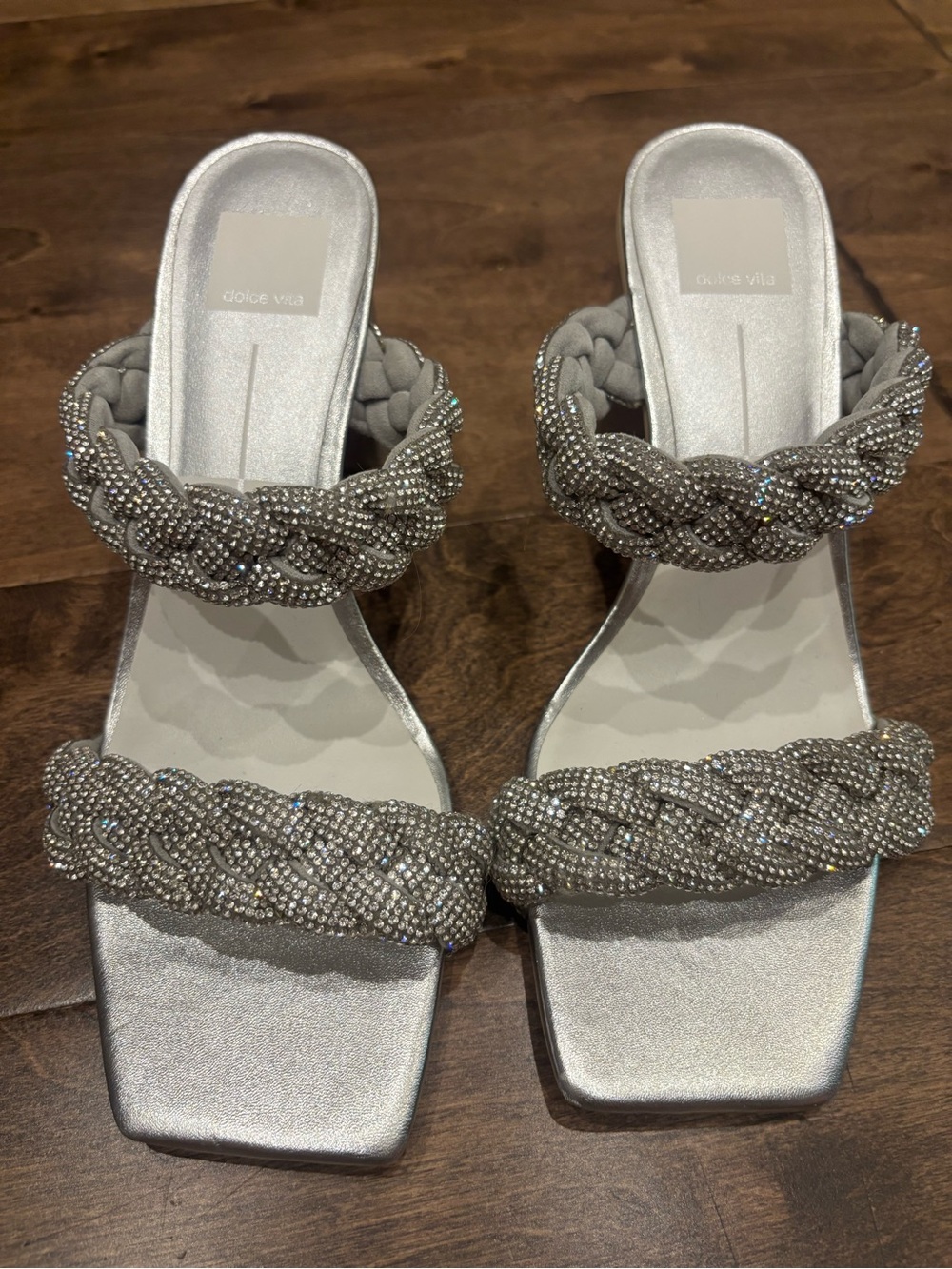 Dolce Vita Silver Braided Crystal-Embellished Slide Heels size 9.5
